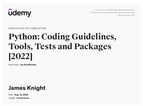 Python: Coding Guidelines, Tools, Tests and Packages certificate