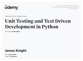 Unit Testing and Test Driven Development in Python certificate